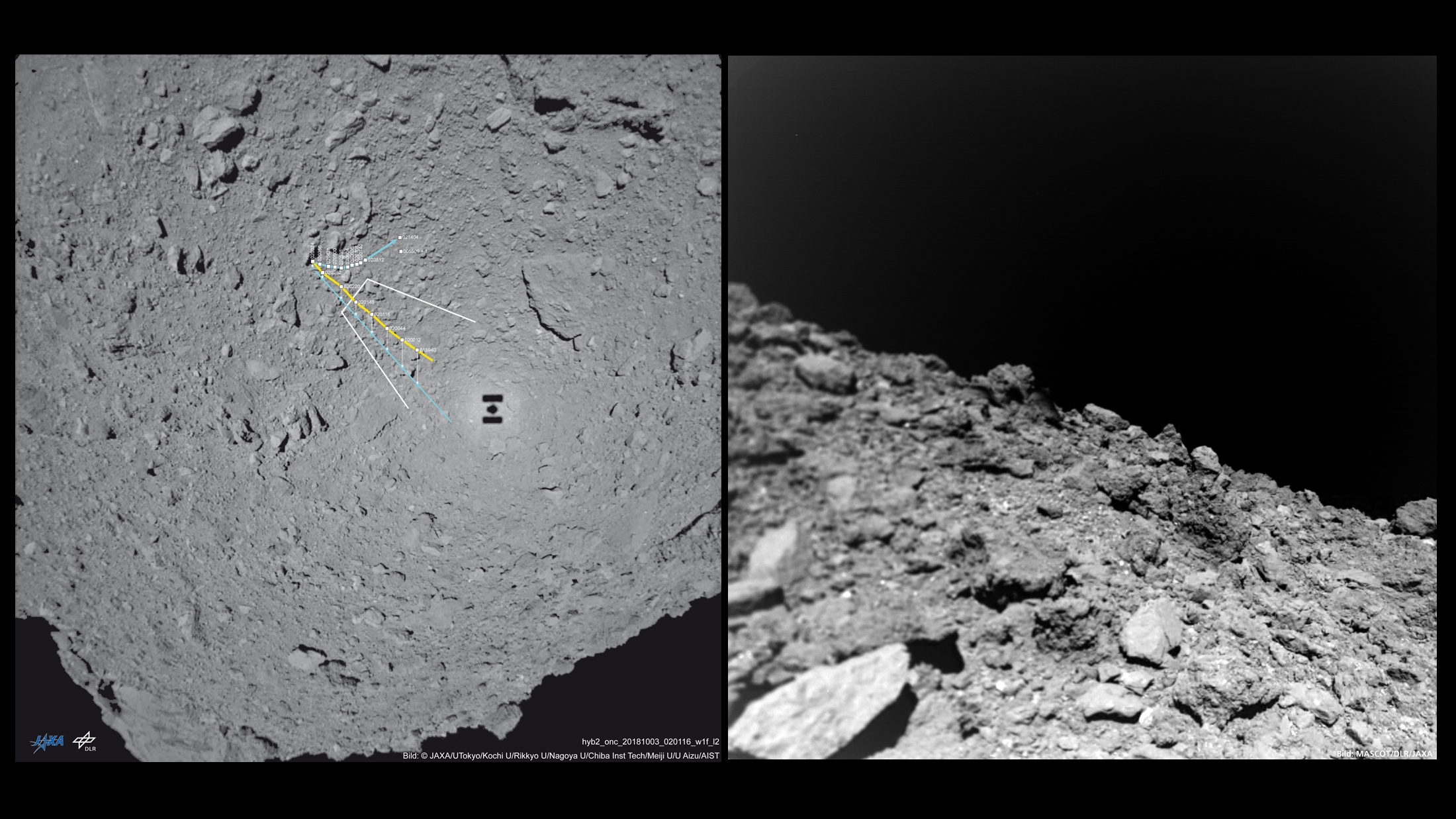 Перед посадкой JAXA/U Tokyo/Kochi U/Rikkyo U/Nagoya U/ Chiba Inst Tech/Meiji U/U Aizu/AIST (links); MASCOT/DLR/JAXA (rechts).