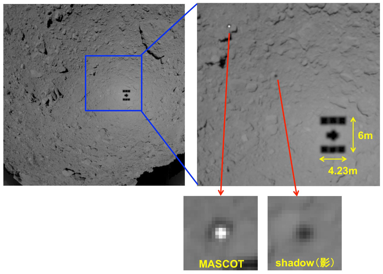 Фотография тени Хаябуса-2 и модуля MASCOT на поверхности астероида Рюгу. Image credit ※1: JAXA, University of Tokyo, Kochi University, Rikkyo University, Nagoya University, Chiba Institute of Technology, Meiji University, University of Aizu, AIST