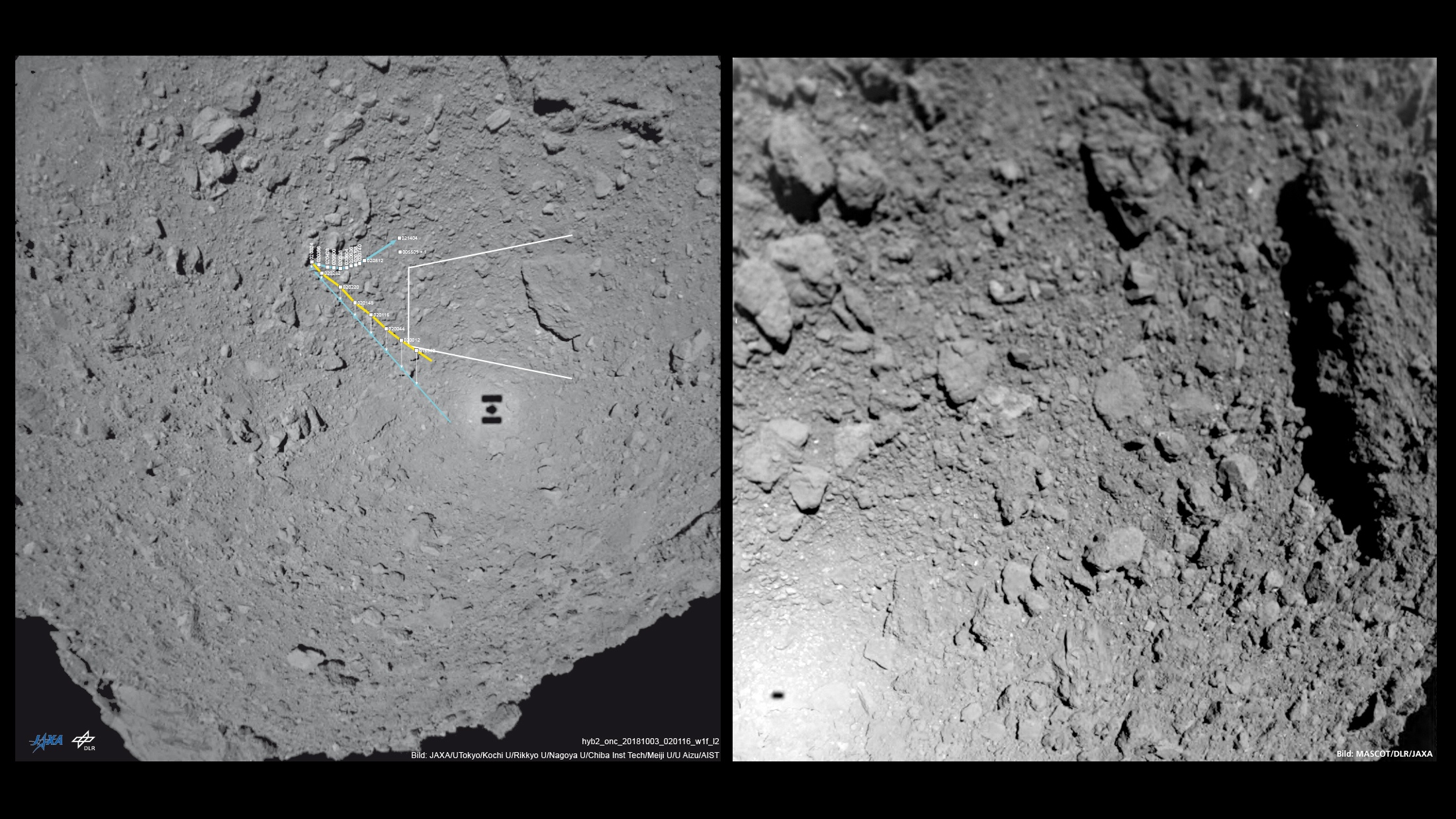 К востоку Рюгу JAXA/U Tokyo/Kochi U/Rikkyo U/Nagoya U/ Chiba Inst Tech/Meiji U/U Aizu/AIST (links); MASCOT/DLR/JAXA (rechts).