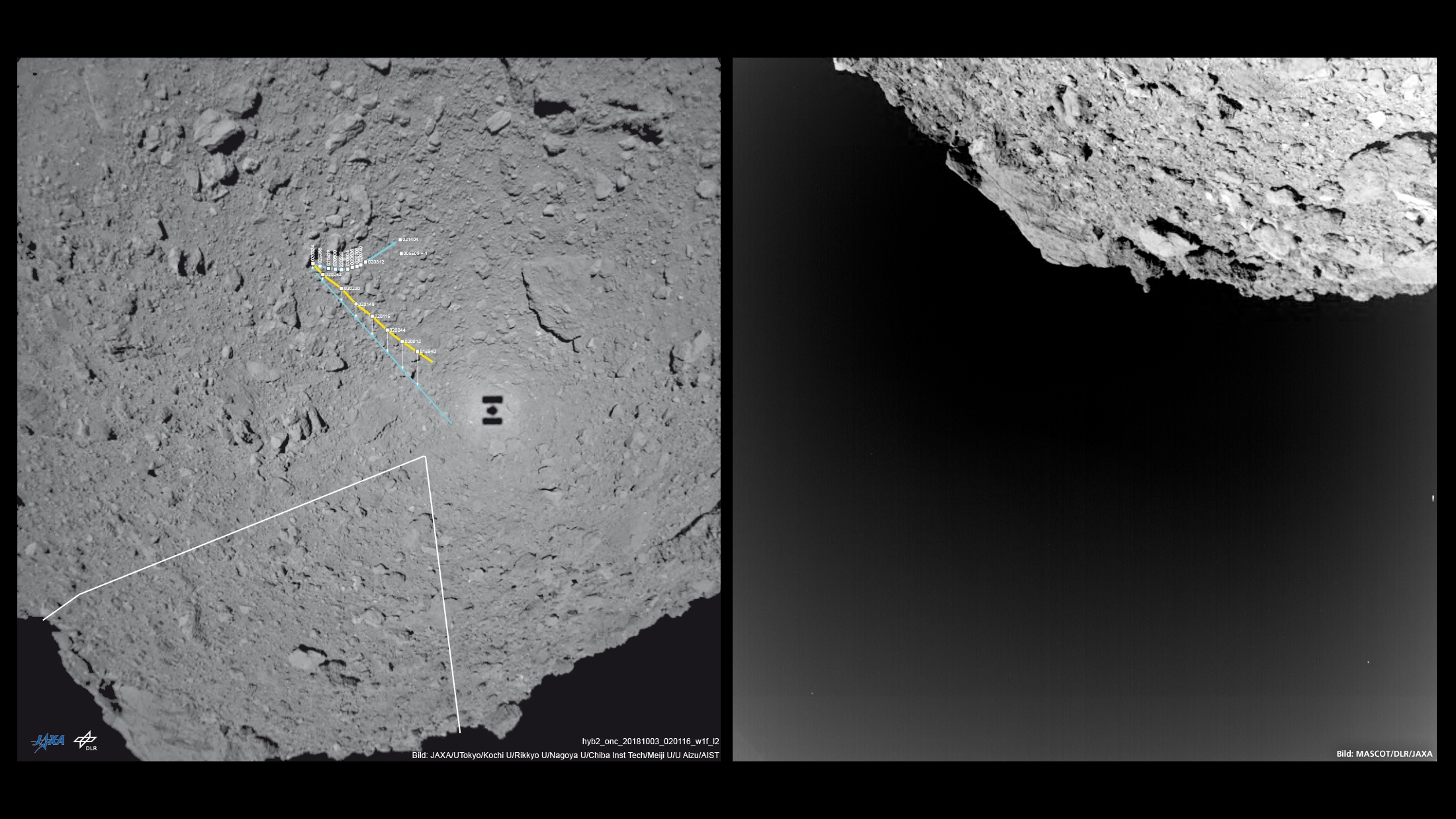 Южный полюс Рюгу. JAXA/U Tokyo/Kochi U/Rikkyo U/Nagoya U/ Chiba Inst Tech/Meiji U/U Aizu/AIST (links); MASCOT/DLR/JAXA (rechts).