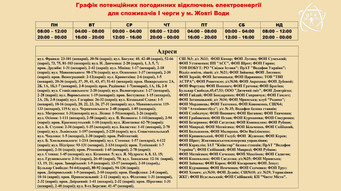 График плановых отключений электроэнергии в Желтых Водах 1 очередь