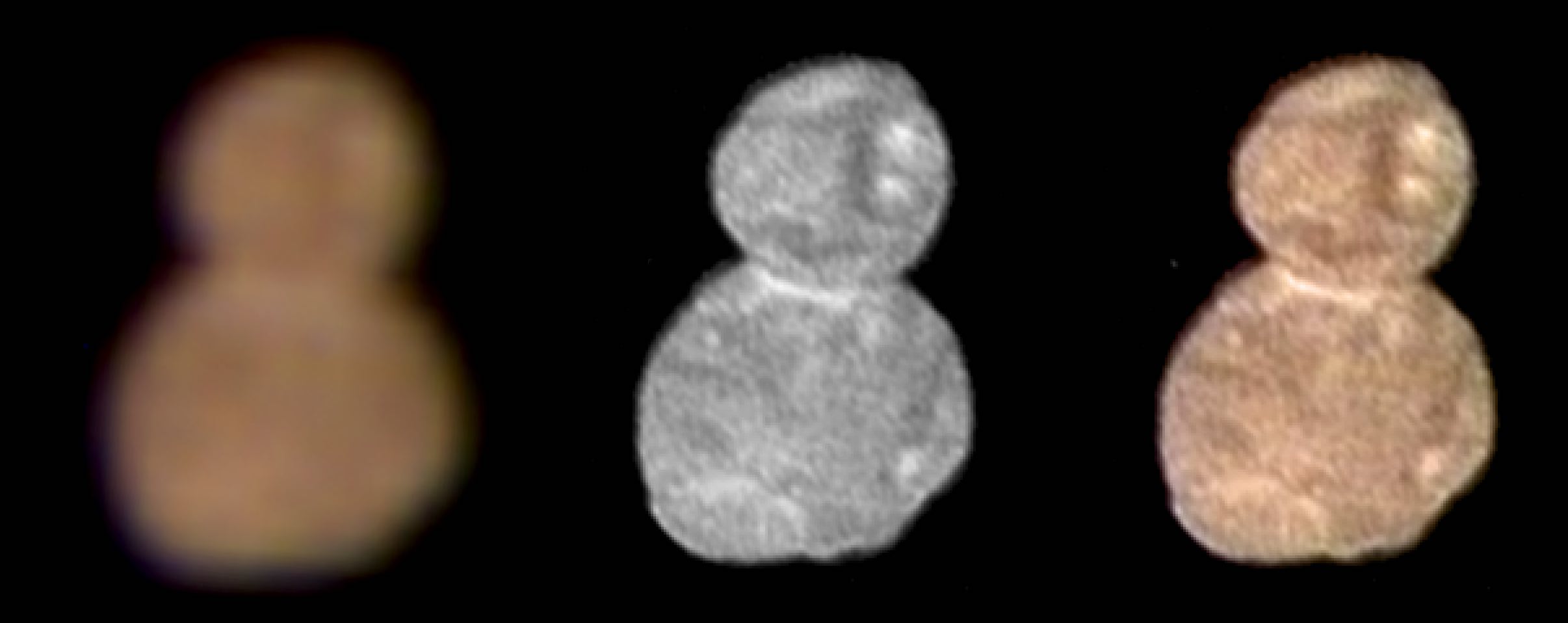 The first color image of Ultima Thule, taken at a distance of 85,000 miles (137,000 kilometers) at 0408 GMT on Jan. 1, 2019 (11:08 p.m. EST on Dec. 31), highlights its reddish surface. At left is an enhanced color image taken by the Multispectral Visible Imaging Camera (MVIC), produced by combining the near infrared, red and blue channels. The center image taken by the Long-Range Reconnaissance Imager (LORRI) has a higher spatial resolution than MVIC by approximately a factor of five. At right, the color has been overlaid onto the LORRI image to show the color uniformity of the Ultima and Thule lobes. Note the reduced red coloring at the neck of the object. Credit: NASA/SWRI/JHUAPL