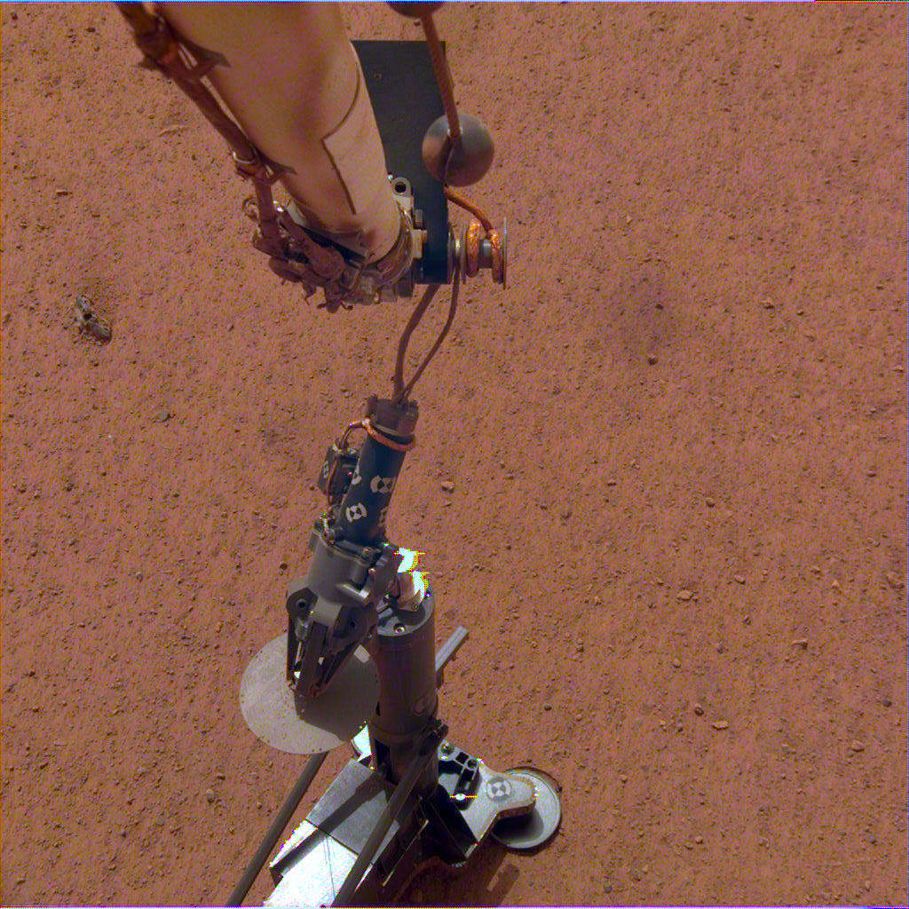 HP3 on the Martian Surface: NASA's InSight lander set its heat probe, called the Heat and Physical Properties Package (HP3), on the Martian surface on Feb. 12. Image Credit: NASA/JPL-Caltech/DLR.